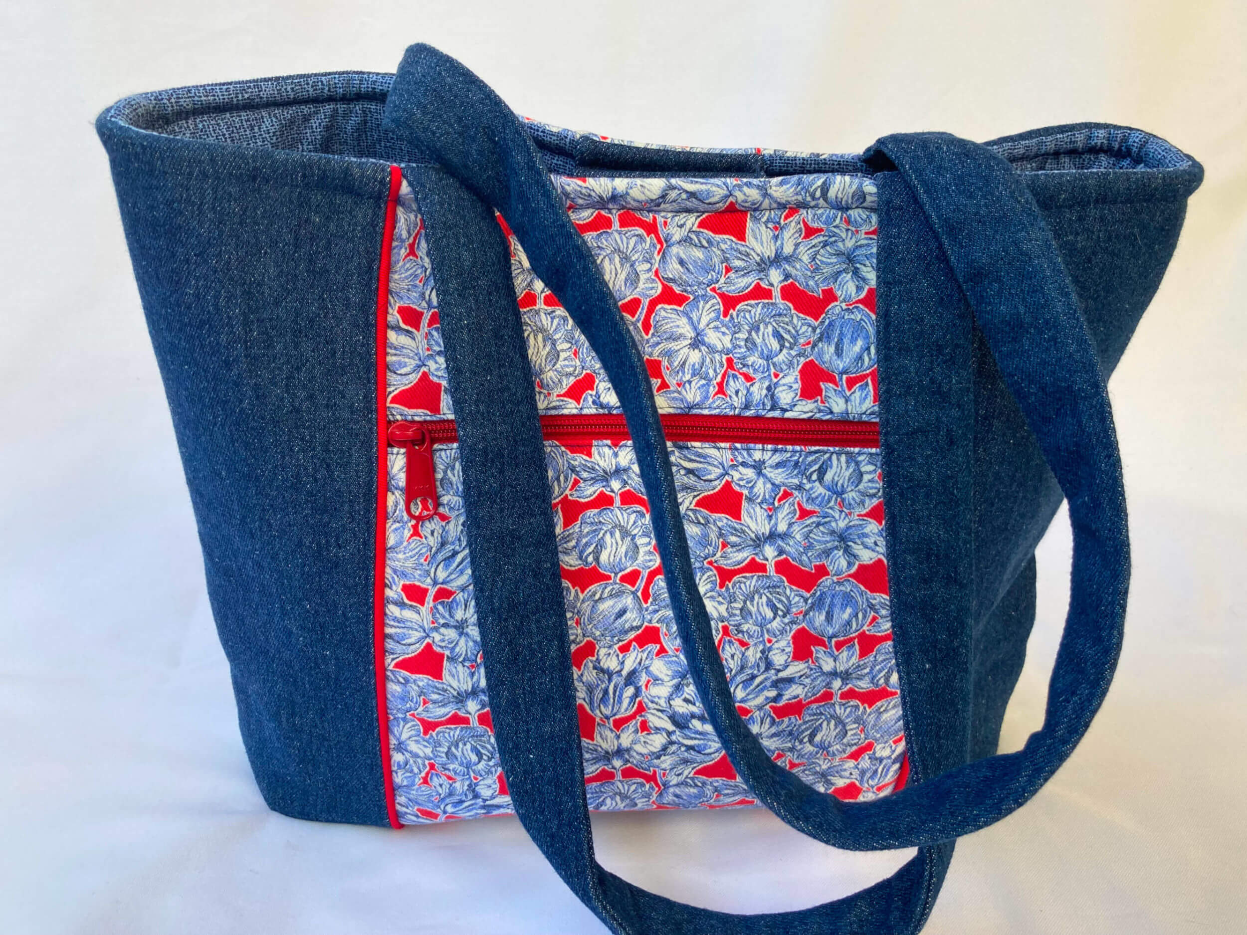 Pelican Tote - Denim with Red Piping and Liberty Matilda Tulip - Front