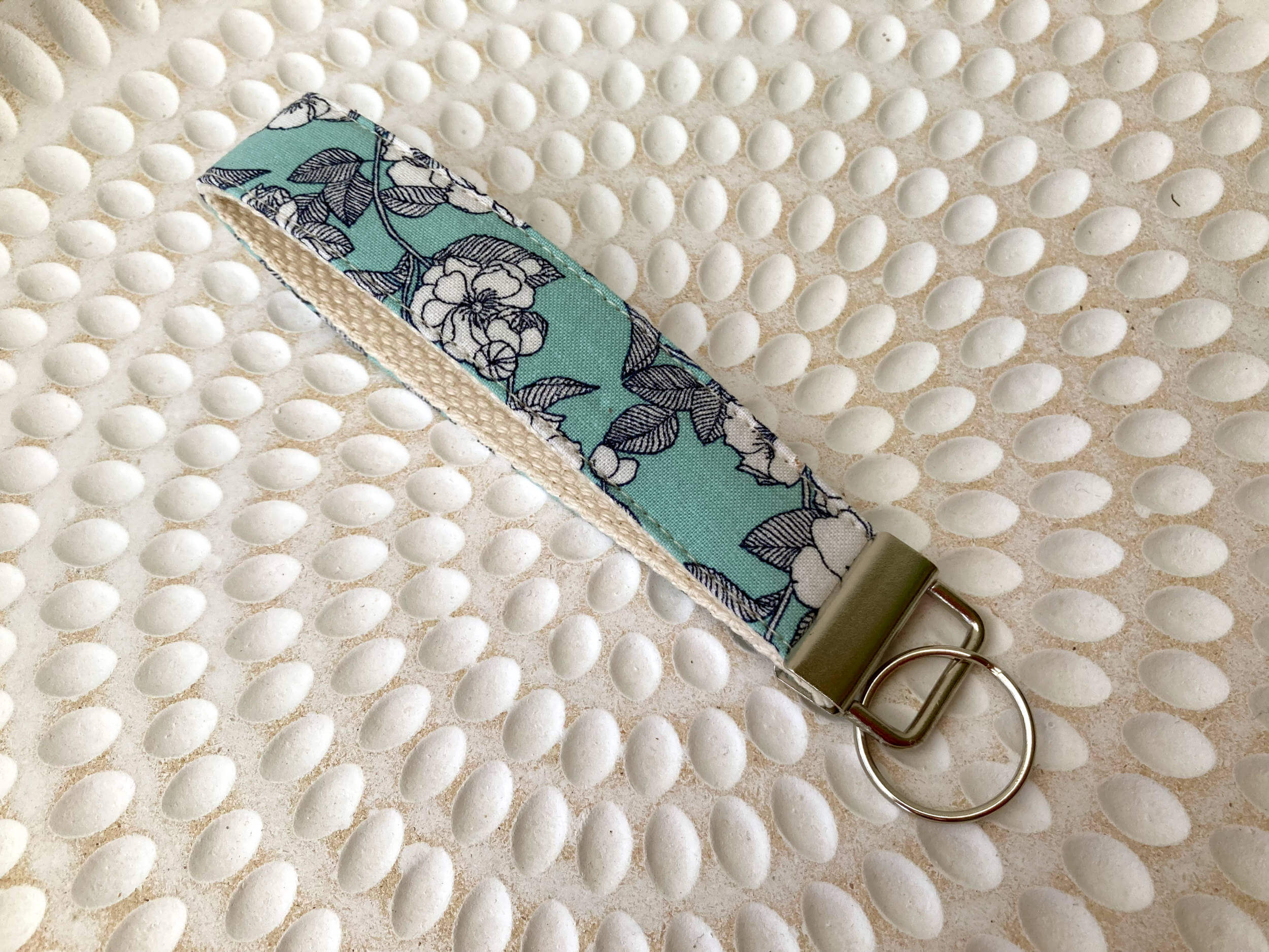 Sapphorium - 25mm Key fob wristlet - Navy White and Aqua Sketch Rose