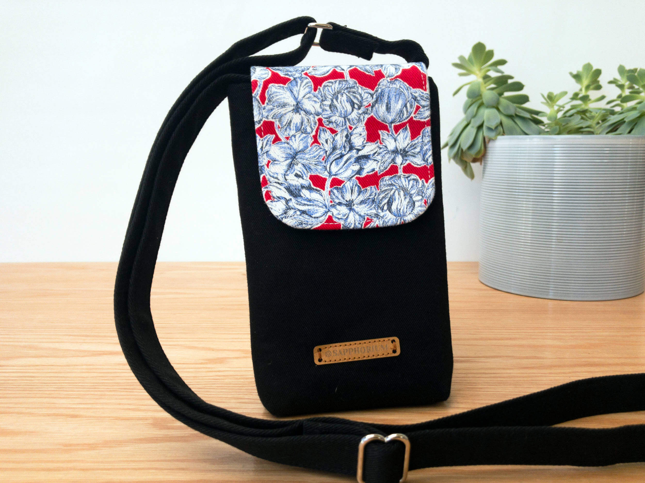 Sapphorium - Phone Crossbody Bag - Liberty Matilda Tulip and Black Drill with Adjustable Strap