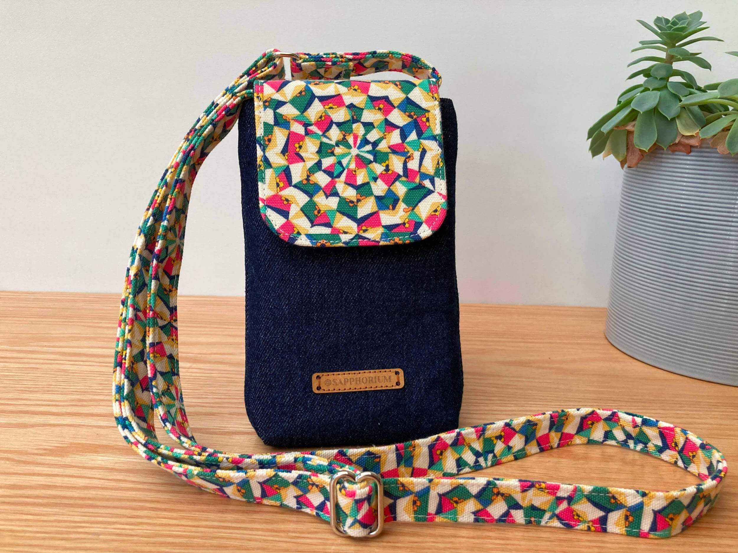 Sapphorium - Phone Crossbody Bag - Liberty Poppys Patchwork Yellow and Pink and Denim with Adjustable Strap