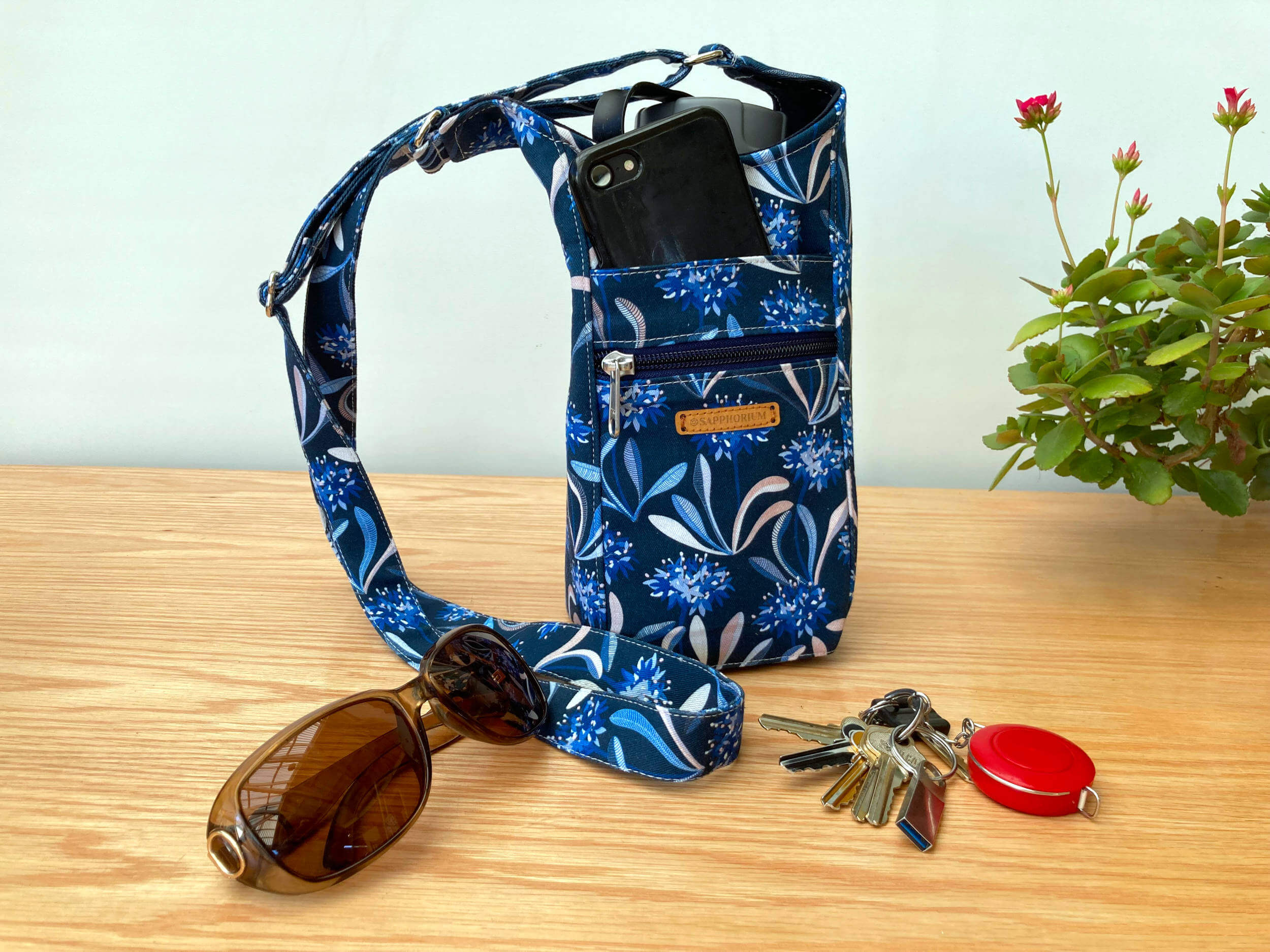 Sapphorium - Water Bottle Bag - Navy Pincushion - Tabletop