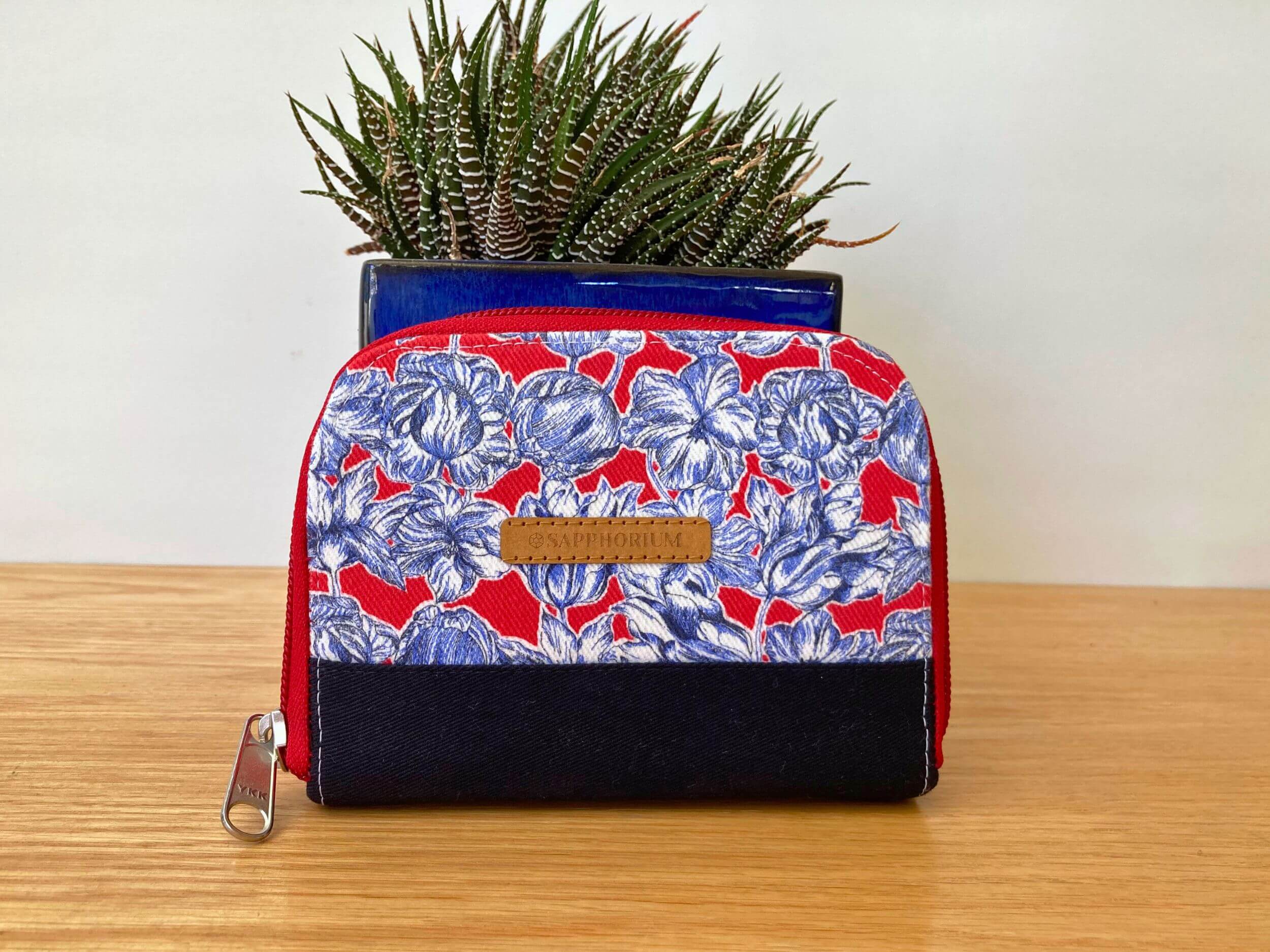 Navy with Blue, White and Red Floral Small Zip Around Wallet